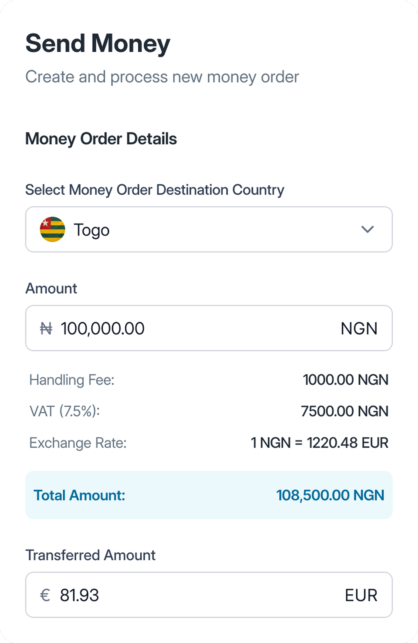 A preview of the postmoni mobile app showcasing the send money feature
